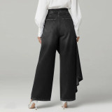 Loose-Fit Solid Color Casual Denim Skirt Pants with Button Decoration for Women