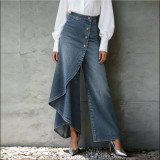 Loose-Fit Solid Color Casual Denim Skirt Pants with Button Decoration for Women