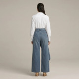 Loose-Fit Solid Color Casual Denim Skirt Pants with Button Decoration for Women