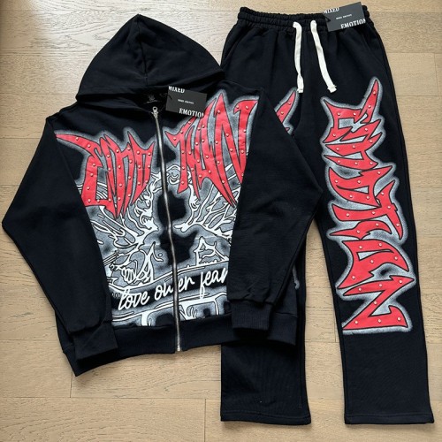 Letter Print Rhinestone Zip-Up Hoodie Set