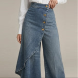 Loose-Fit Solid Color Casual Denim Skirt Pants with Button Decoration for Women
