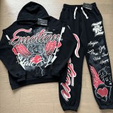 Letter Print Rhinestone Zip-Up Hoodie Set