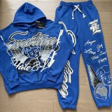 Letter Print Rhinestone Zip-Up Hoodie Set