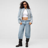Button Trimmed WaistCinched vintage military Denim Jacket
