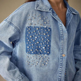 Diamond-Embellished Casual Washed Oversized Denim Shirt Jacket