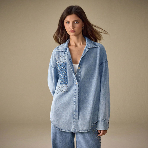 Diamond-Embellished Casual Washed Oversized Denim Shirt Jacket