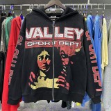Vintage Printed Distressed Zip-Up Hoodie