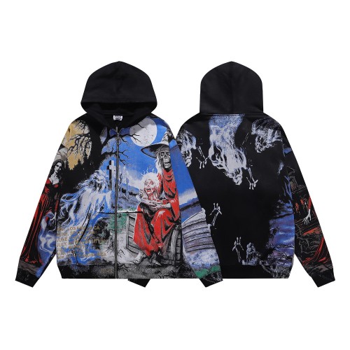 Vintage Printed Distressed Zip-Up Hoodie