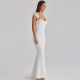 Low Neck Spaghetti Strap Backless Ruched Solid Mermaid Dress