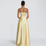 Sexy Spaghetti Strap Low Neck Waist-Cinching Backless Dress
