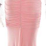 Low Neck Spaghetti Strap Backless Ruched Solid Mermaid Dress