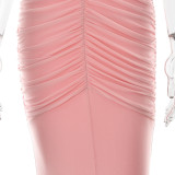 Low Neck Spaghetti Strap Backless Ruched Solid Mermaid Dress