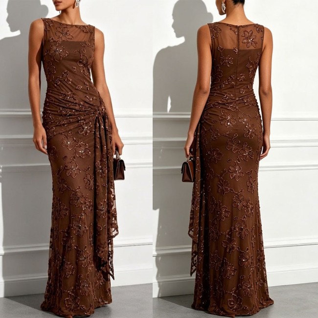 Jacquard Lace Stretch Sleeveless Tie Dress