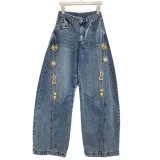 Metal Buckle Decor Mid-Waist Wide-Leg Washed Curved-Leg Jeans