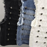 Napoleon-Inspired White Stand Collar Vest with Side Button Straight Leg Pants Set
