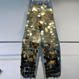 Statement Sequin Hand-Beaded Straight Leg Slimming High-Waist Jeans