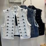 Napoleon-Inspired White Stand Collar Vest with Side Button Straight Leg Pants Set
