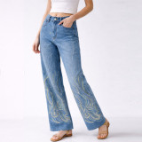 Colorful Flame Hot-Fix Rhinestone Wide-Leg Jeans