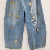 Vintage Metal Ripped Curved-Leg Jeans for Women