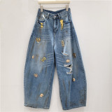 Vintage Metal Ripped Curved-Leg Jeans for Women