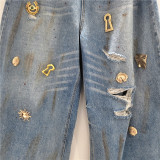 Vintage Metal Ripped Curved-Leg Jeans for Women