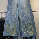 Colorful Flame Hot-Fix Rhinestone Wide-Leg Jeans