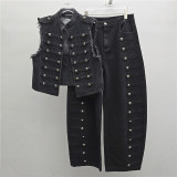 Napoleon-Inspired White Stand Collar Vest with Side Button Straight Leg Pants Set