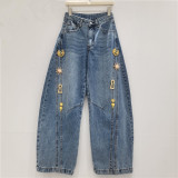 Metal Buckle Decor Mid-Waist Wide-Leg Washed Curved-Leg Jeans