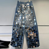 Statement Sequin Hand-Beaded Straight Leg Slimming High-Waist Jeans