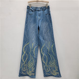 Colorful Flame Hot-Fix Rhinestone Wide-Leg Jeans