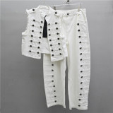 Napoleon-Inspired White Stand Collar Vest with Side Button Straight Leg Pants Set