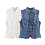 Fashion Slim-Fit Knot-Button Sleeveless Denim Top