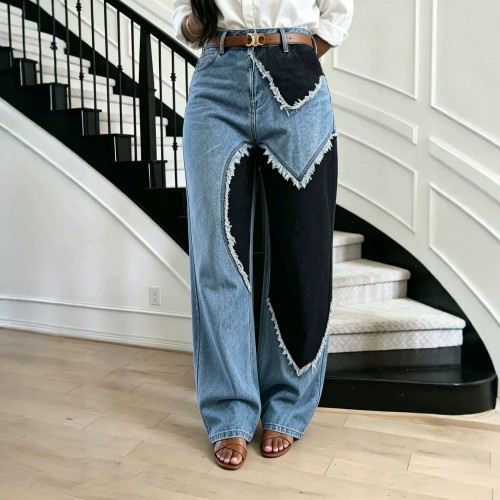 Colorblock Patchwork Heart-Frayed Jeans