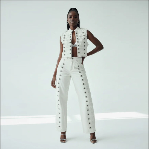 Napoleon-Inspired White Stand Collar Vest with Side Button Straight Leg Pants Set