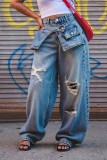 Waist Overlay Distressed Straight-Leg Jeans