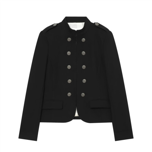 Button-Detail Long Sleeve Stand Collar Shoulder-Padded Slim-Fit Jacket for Women
