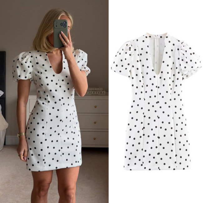 Puff Short Sleeve V-Neck Polka Dot Mini Dress