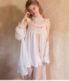 Princess-Style Lace Choker Loose Comfortable Satin Spaghetti Strap Nightdress with Robe Homewear Set