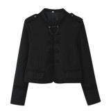 Round Neck Long Sleeve Retro Frog Button Simple Cropped Blazer Jacket for Women