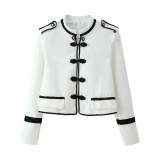 Round Neck Long Sleeve Retro Frog Button Simple Cropped Blazer Jacket for Women