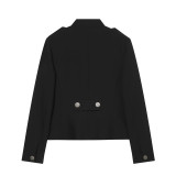 Button-Detail Long Sleeve Stand Collar Shoulder-Padded Slim-Fit Jacket for Women