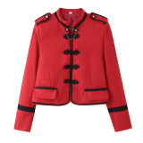 Round Neck Long Sleeve Retro Frog Button Simple Cropped Blazer Jacket for Women