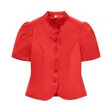 Solid Color Versatile Stand Collar Button-Front Puff Sleeve Slim-Fit Jacket