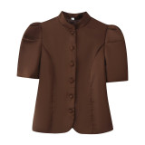 Fashion Slim-Fit Stand Collar Puff Sleeve Cropped Shirt Top