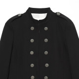 Button-Detail Long Sleeve Stand Collar Shoulder-Padded Slim-Fit Jacket for Women