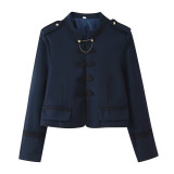 Round Neck Long Sleeve Retro Frog Button Simple Cropped Blazer Jacket for Women