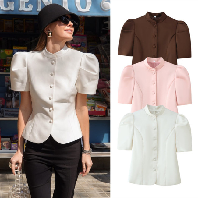 Fashion Slim-Fit Stand Collar Puff Sleeve Cropped Shirt Top