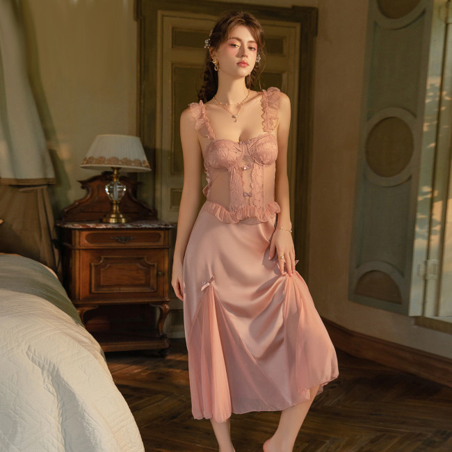 Sexy Backless Padded Sheer Lace Patchwork Satin Spaghetti Strap Nightdress