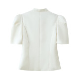 Fashion Slim-Fit Stand Collar Puff Sleeve Cropped Shirt Top
