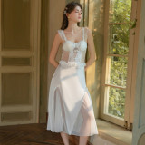 Sexy Backless Padded Sheer Lace Patchwork Satin Spaghetti Strap Nightdress